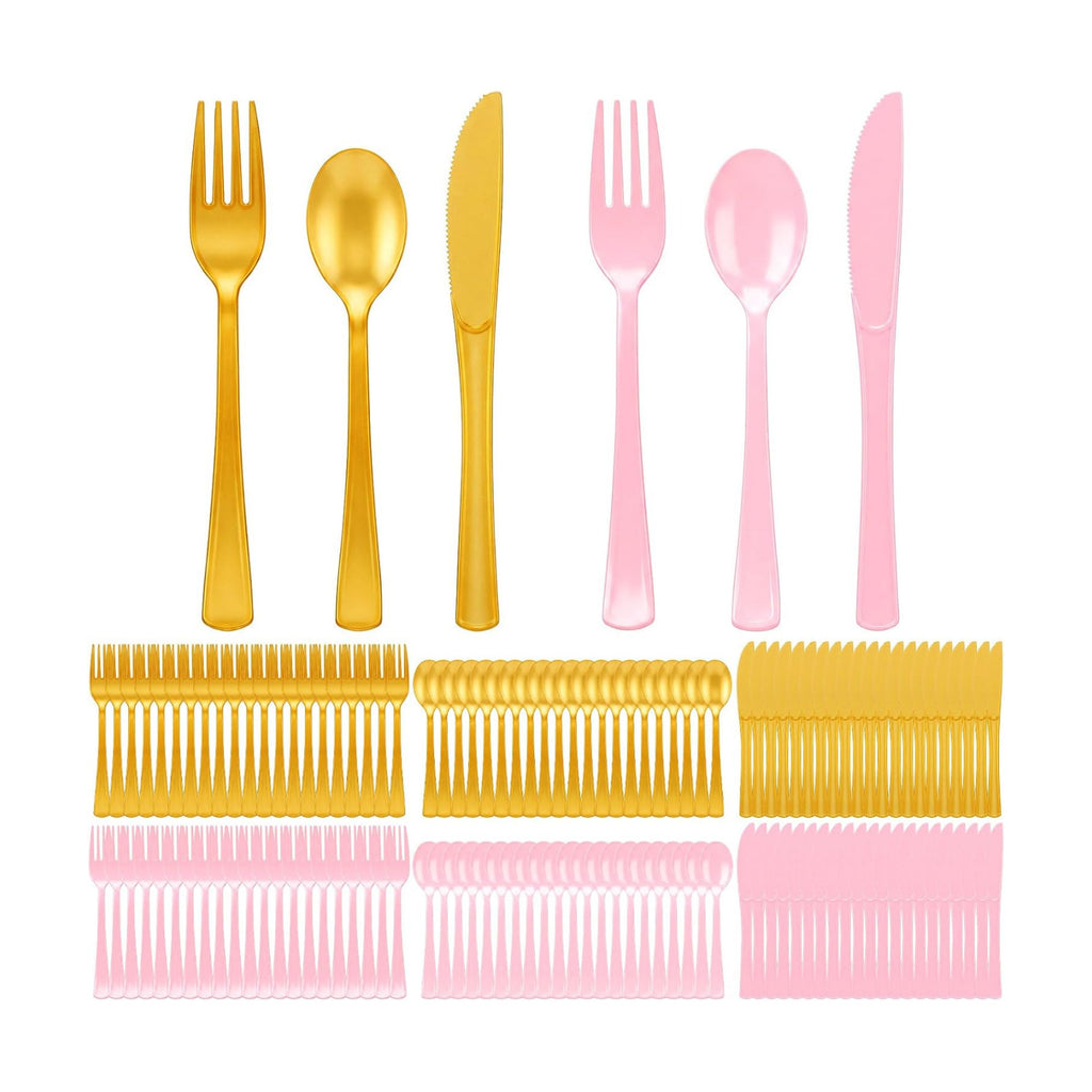 Minatee 180 Pcs Pearlescent Gold Pink Plastic Silverware Heavy Duty Cutlery Sets Disposable Utensils for Holiday Birthday Themed Party Supplies, 60 of Each Forks Knives Spoons