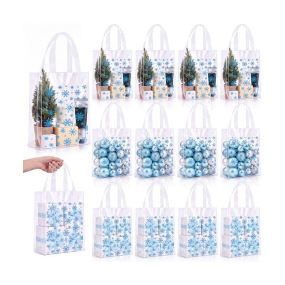 Pajean 25 Pcs Winter Plastic Gift Bags with Handles, Blue Snowflake Pouches