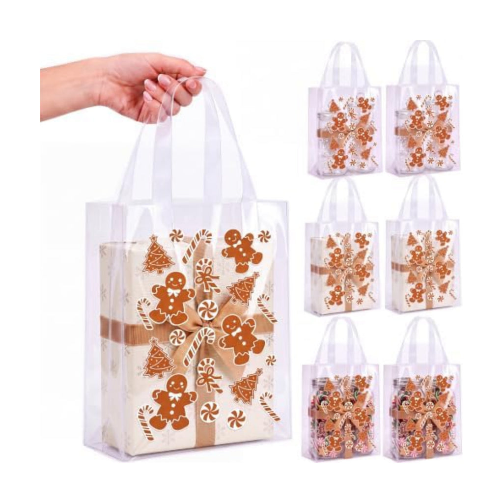 Pajean 25 Pcs Christmas Plastic Gift Bags with Handles, Gingerbread Pouches