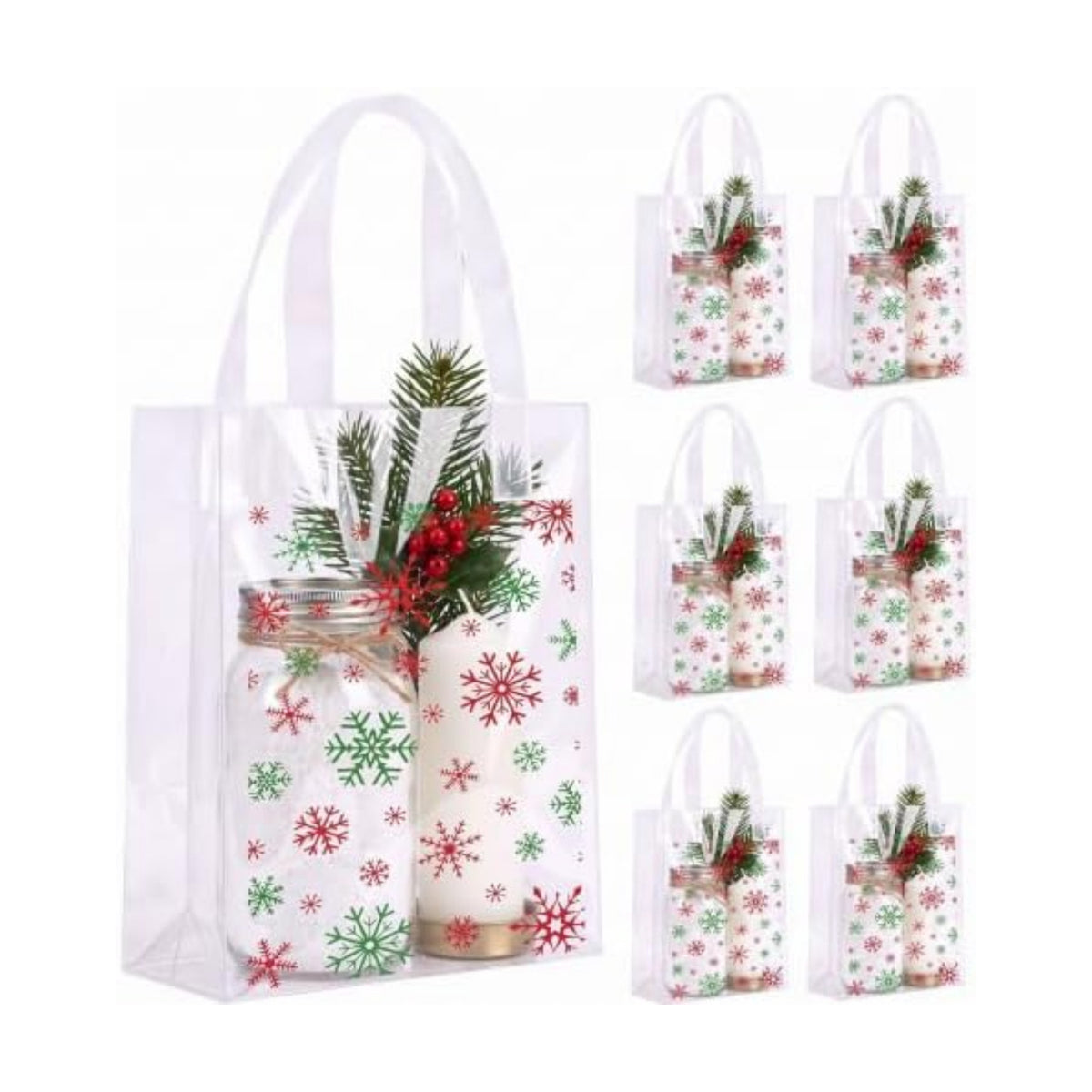 Pajean 25 Pcs Christmas Plastic Gift Bags with Handles, Snowflake Pouches