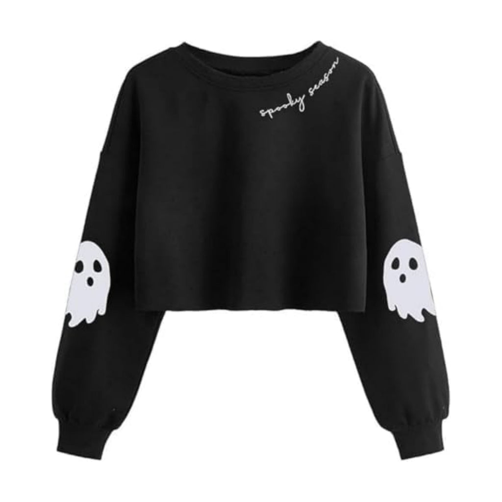 Women Fall Halloween Ghost Crop Sweatshirt Lantern Sleeve Pullover