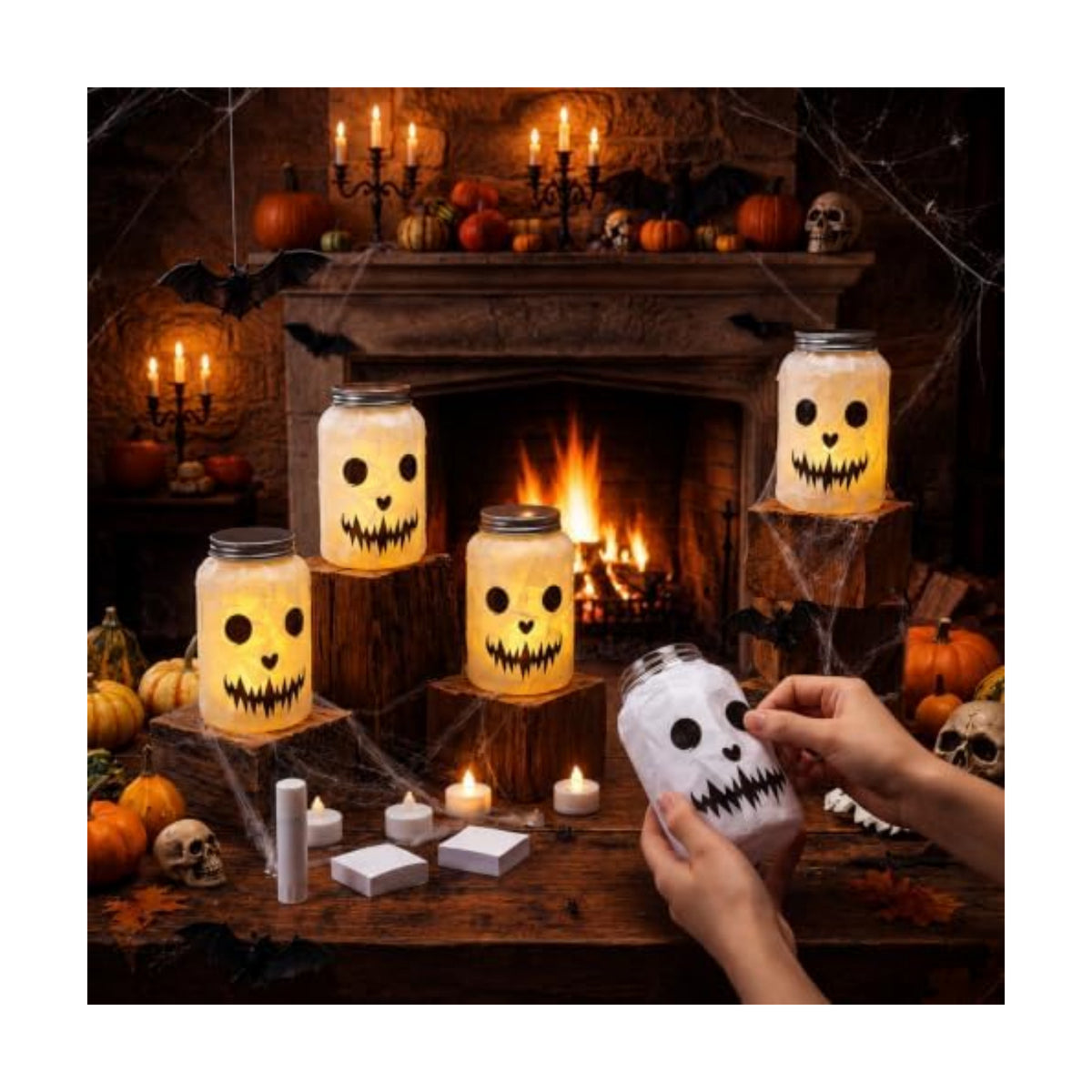 Qinyoung 12 Pcs Halloween Crafts Skeleton Demon Mason Jars with LED Light