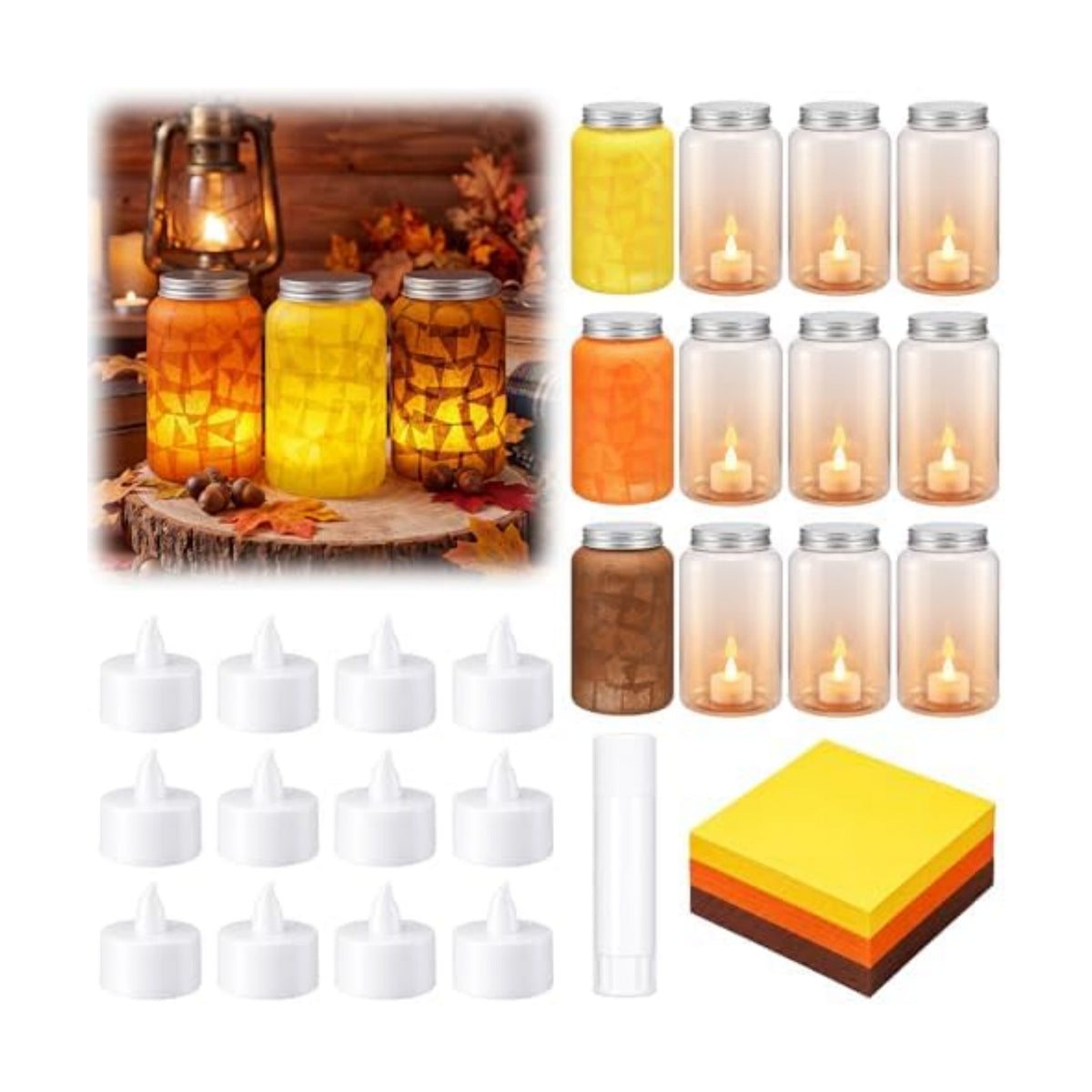 Qinyoung 12 Pcs Fall Crafts Thanksgiving Mason Jar with LED Candle Light