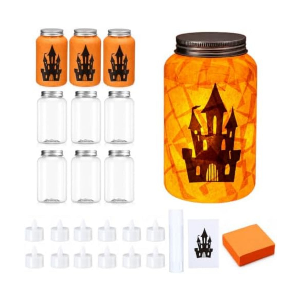 Qinyoung 12 Pcs Halloween Crafts Haunted House Mason Jars with LED Light