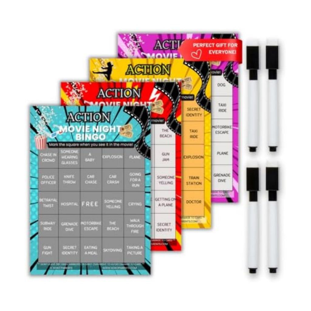 XOXO Parents Movie Night Bingo Cards, Reusable Supplies - Action