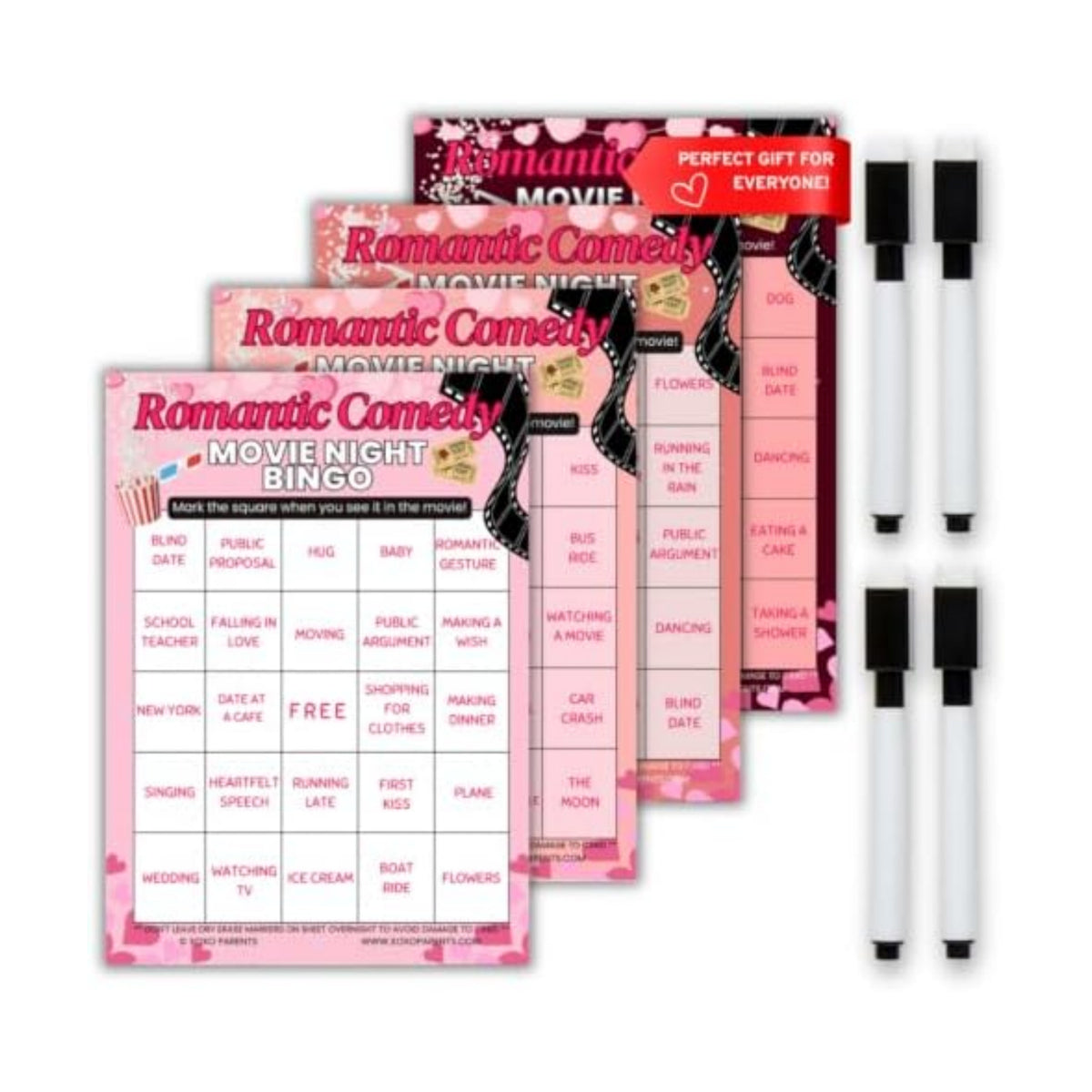 XOXO Parents Movie Night Bingo Cards, Reusable Supplies - RomCom