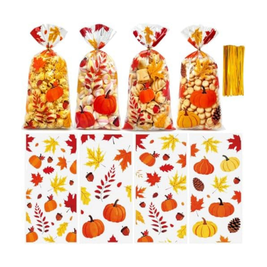 100Pcs Fall Cellophane Treat Bags, Thanksgiving Goodie Bags with Twist Ties