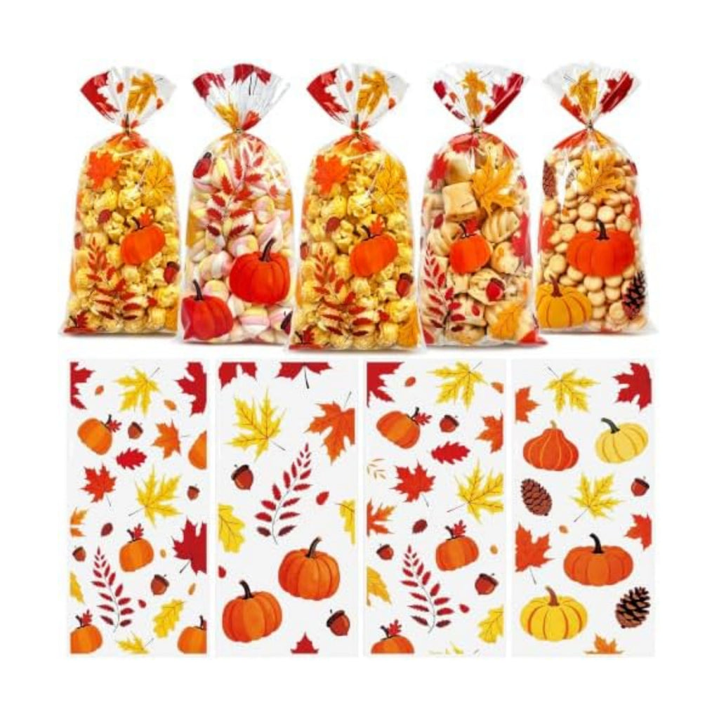 50Pcs Fall Cellophane Treat Bags, Thanksgiving Goodie Bags with Twist Ties