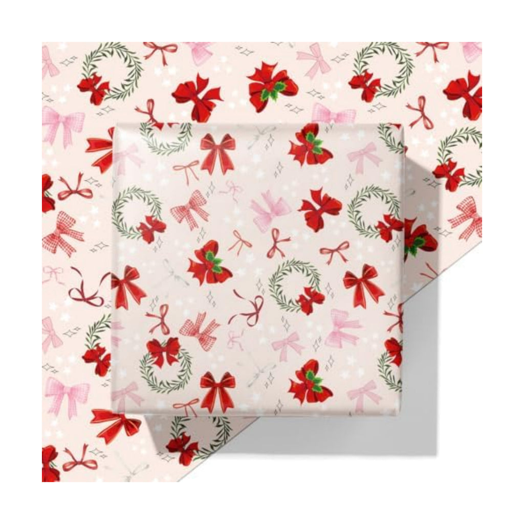 Cuitpan Pink Christmas Bow Wrapping Paper - 4 Jumbo Sheets, 28 * 40 Inches - Xmas Gift Wrap with Festive Ribbon Bow & Mini Wreath Pattern, Cute Holiday Gift for Women, Girls & Children