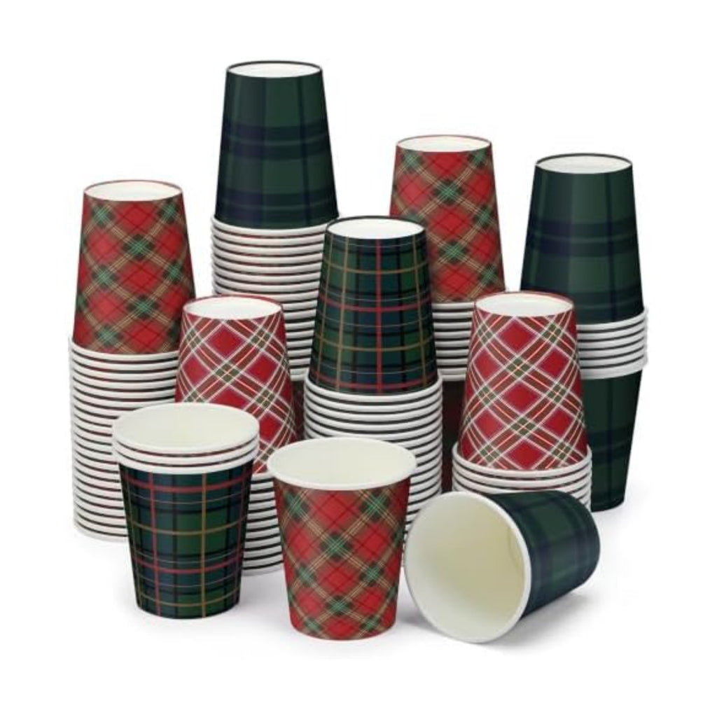 Funtery 100 Pcs Christmas Paper Cups 9oz Red Green Tartan Vintage Plaid Cup
