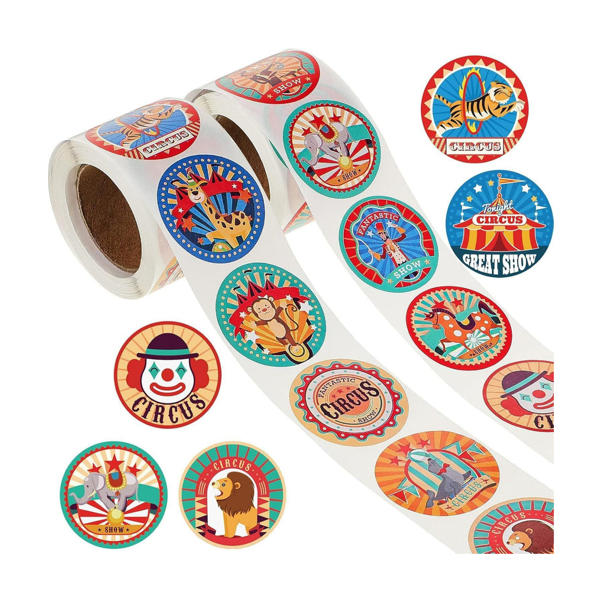 500PCS Circus Stickers Roll 1 Inch Carnival Themed Stickers Round Circus Animal Decals for Kids Birthday Party Favors Scrapbooking Crafts Reward Labels Teens Adults Classroom Teacher Supplies Decor