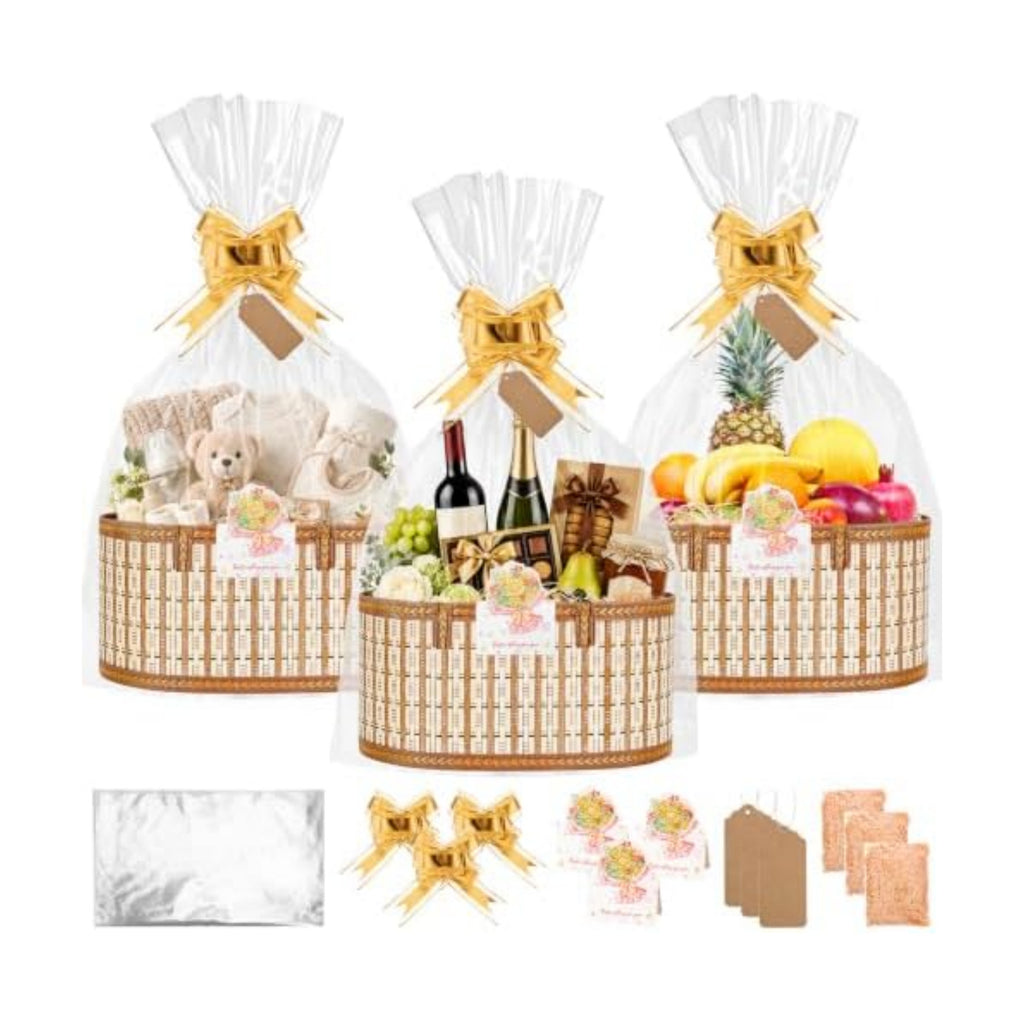 SelfTek 3 Pack Baskets for Gifts Empty, Woven Bamboo Gifts Basket Kit with Wrap Bags, Gift Card, Raffia and Pull Bows, Gifts Baskets for Birthday, Wedding, 35 x 20 x 15 cm - Gold