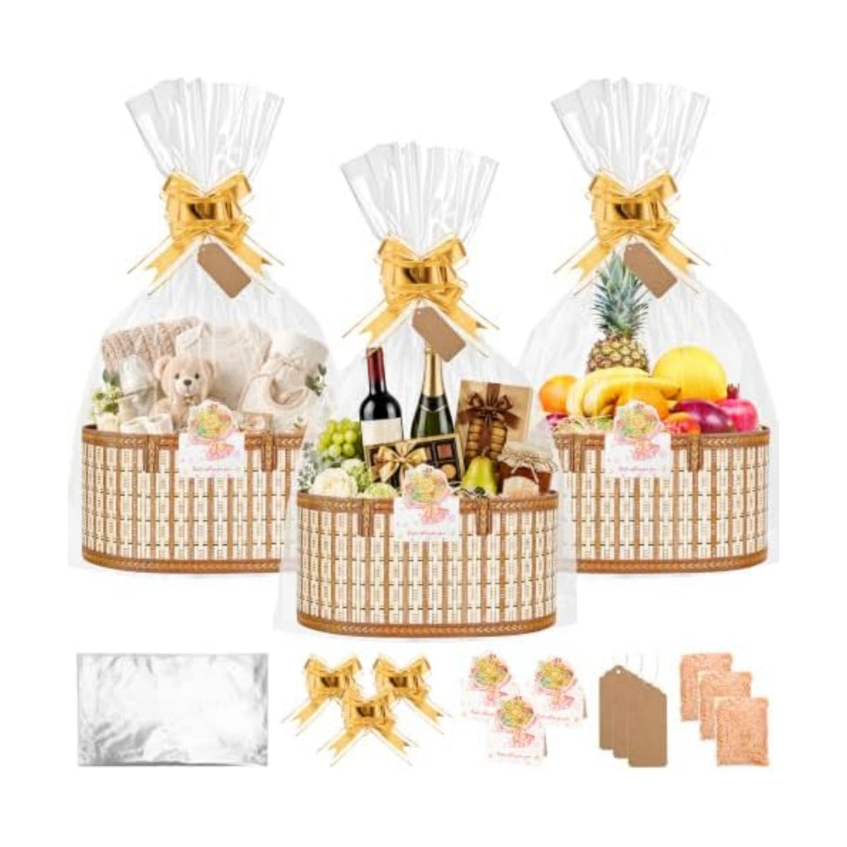SelfTek 3 Pack Baskets for Gifts Empty, Woven Bamboo Gifts Basket Kit with Wrap Bags, Gift Card, Raffia and Pull Bows, Gifts Baskets for Birthday, Wedding, 35 x 20 x 15 cm - Gold