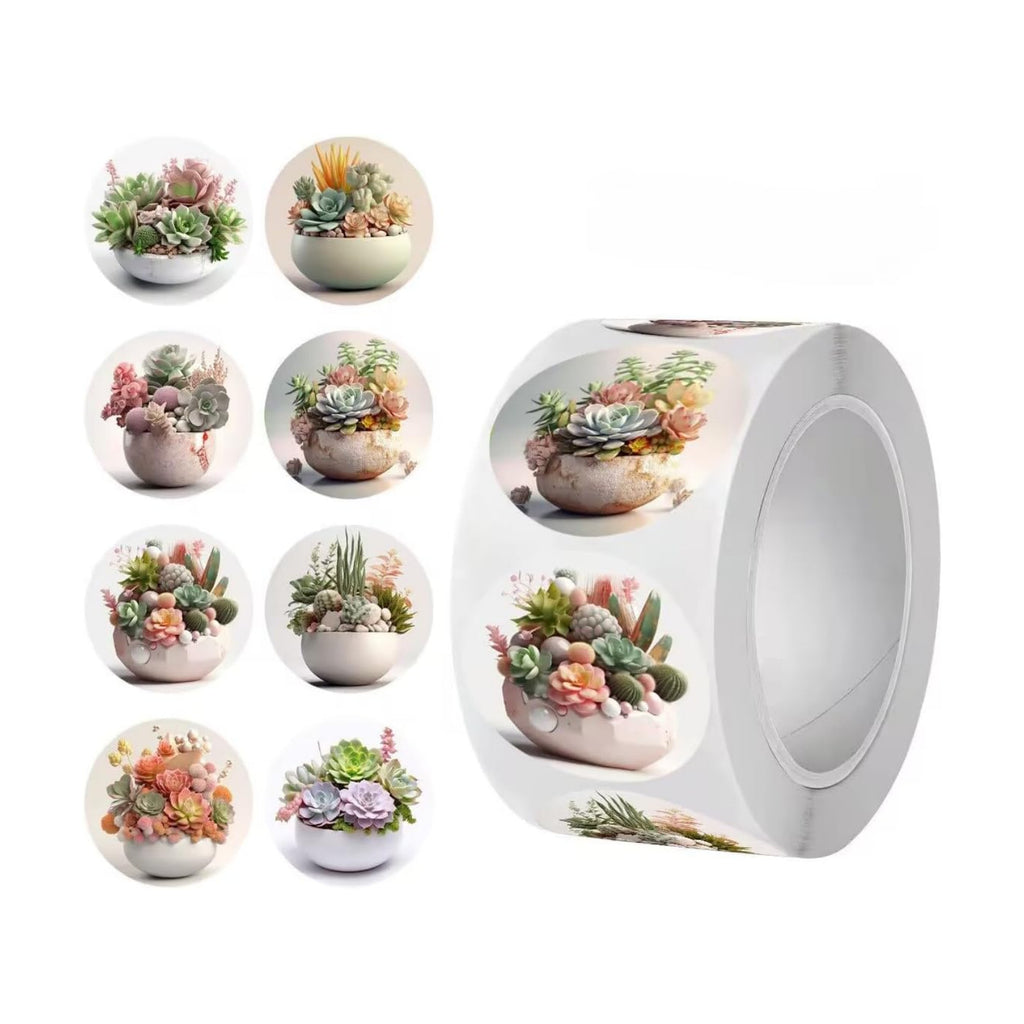 500PCS Succulent Stickers Roll Waterproof Vinyl Round Potted Plant Decals Cute Botanical Stickers for Gift Bags Envelopes Water Bottles Scrapbooking Kids Party Favors Teens Adults Crafts Journal