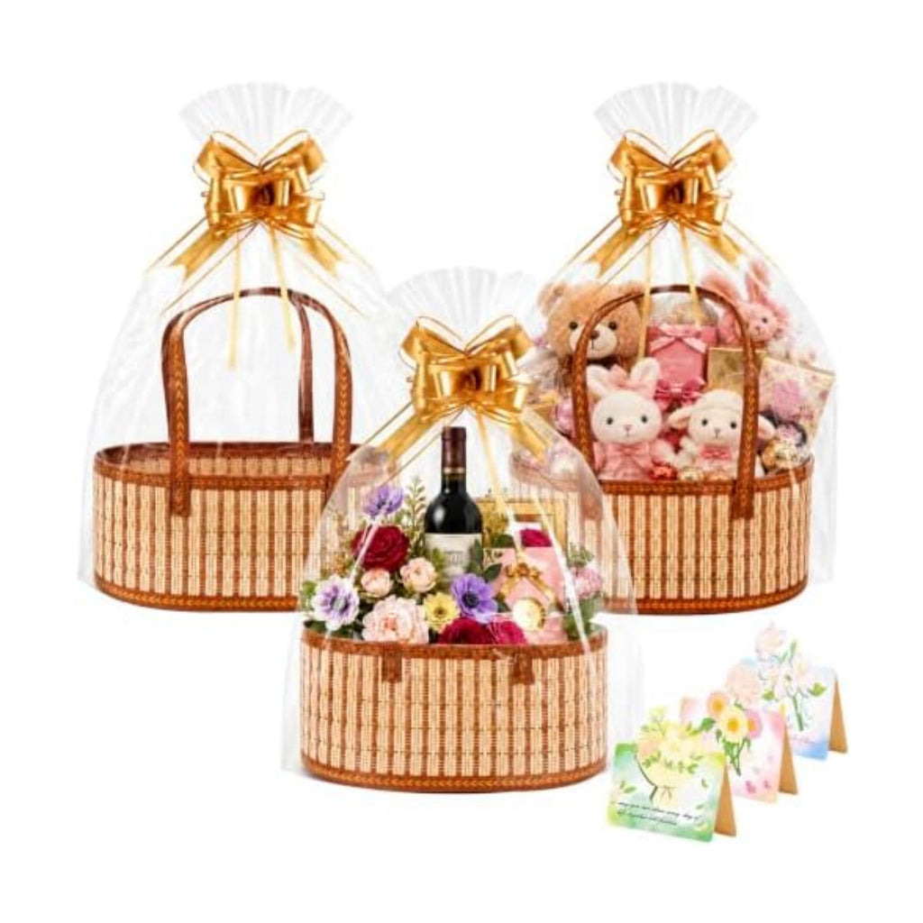 3 Pack Baskets for Gifts Empty, Large Bamboo Woven Gift Basket with Handles, Reusable DIY Gift Baskets Empty Kit with Wrap Bags, Pull Bows and Cards for Christmas, DIY Holiday, Birthday, Registry Gifts