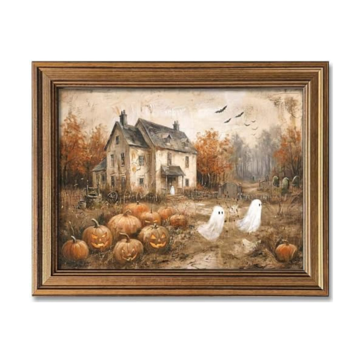 Wemandh Vintage Halloween Wall Art, Gold Framed Rustic Ghost and Pumpkin Decor, Spooky Haunted House Picture for Gothic Room, Farmhouse Fall Autumn Canvas Print Artwork (9.5'' x 12'')