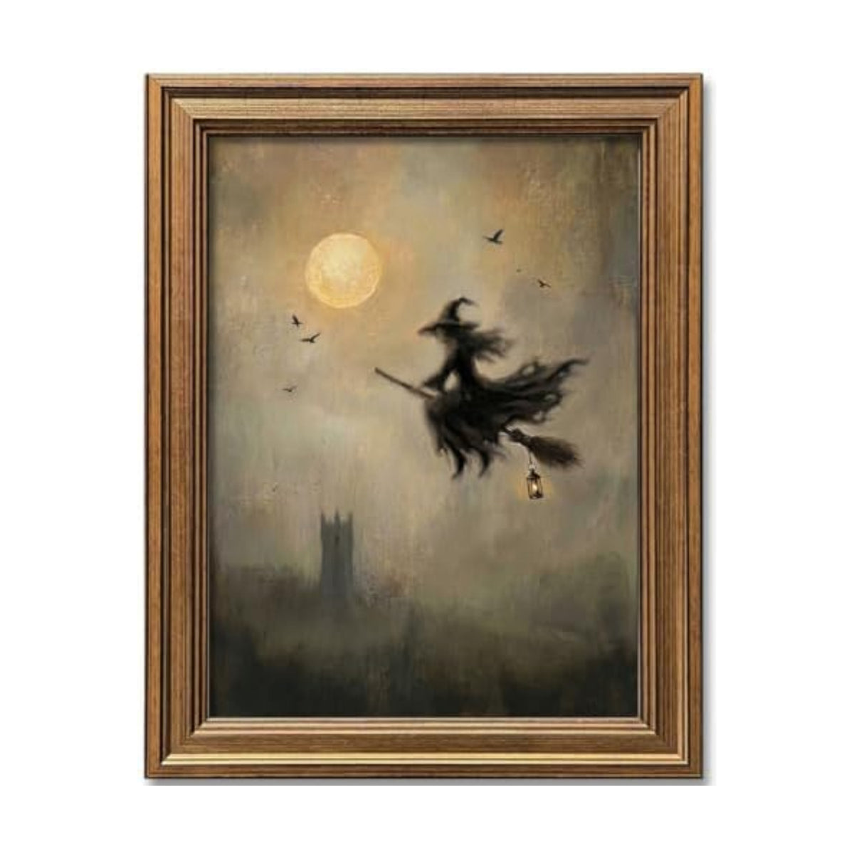 Wemandh Vintage Halloween Wall Art, Gold Framed Flying Witch on Broom Canvas Print, Spooky Full Moon Castle Picture, Dark Academia Goth Room Decor for Home (9.5'' x 12'')