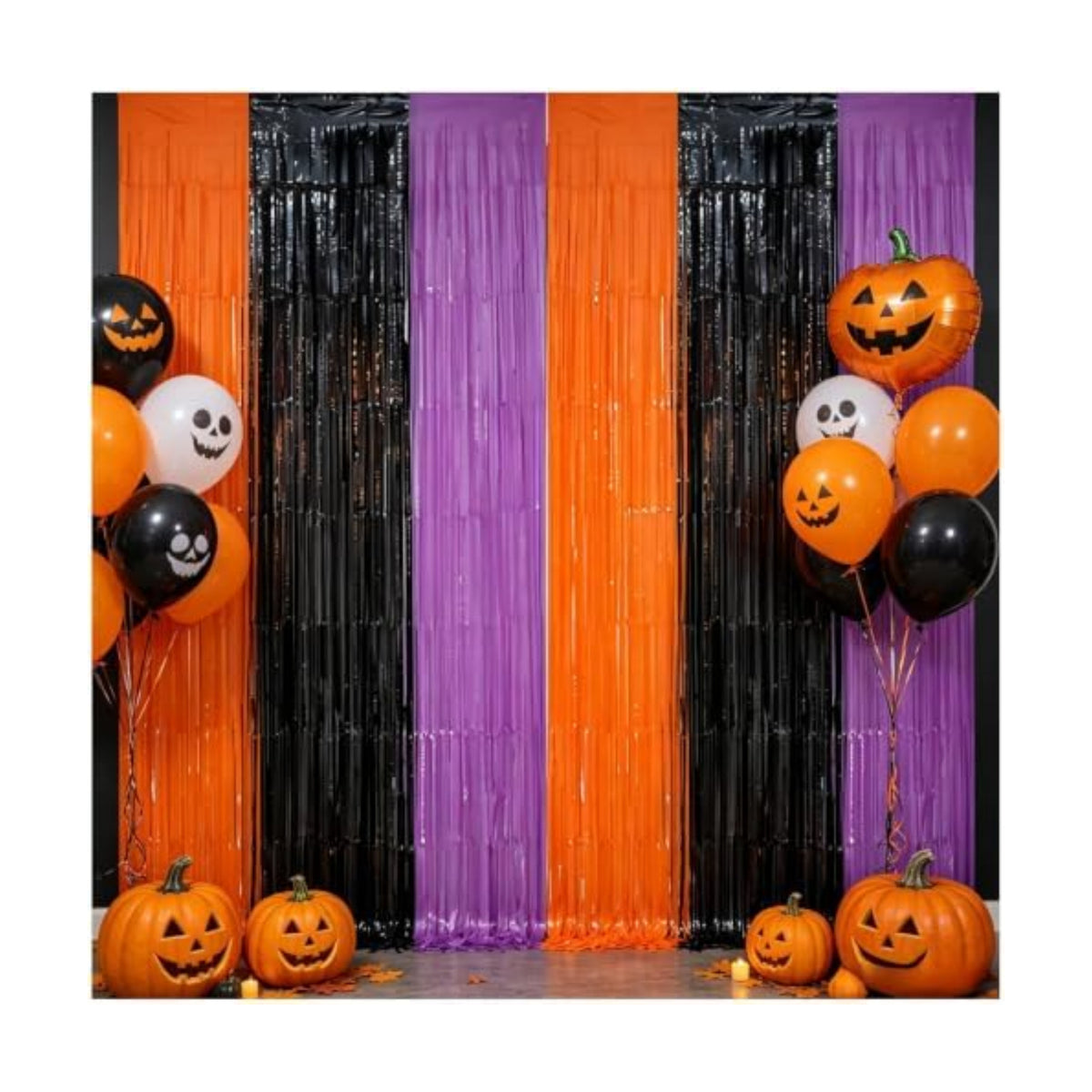 2 Pack Halloween Backdrop Orange Black Purple Foil Fringe Curtains.