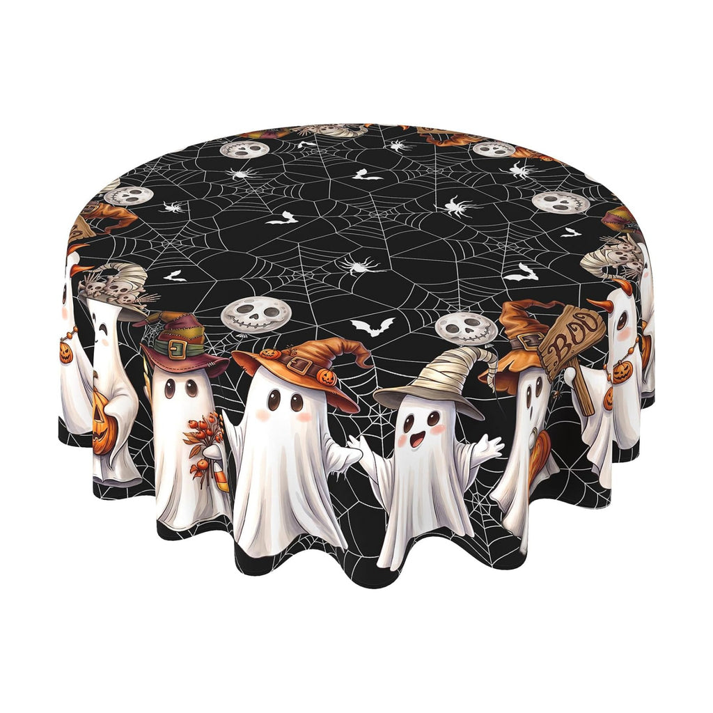Black Halloween Tablecloth Round 90 Inch, Washable Fabric Spider Web Ghost Table Cloth Round Halloween Tablecloth Table Cover for Kitchen Dining Party