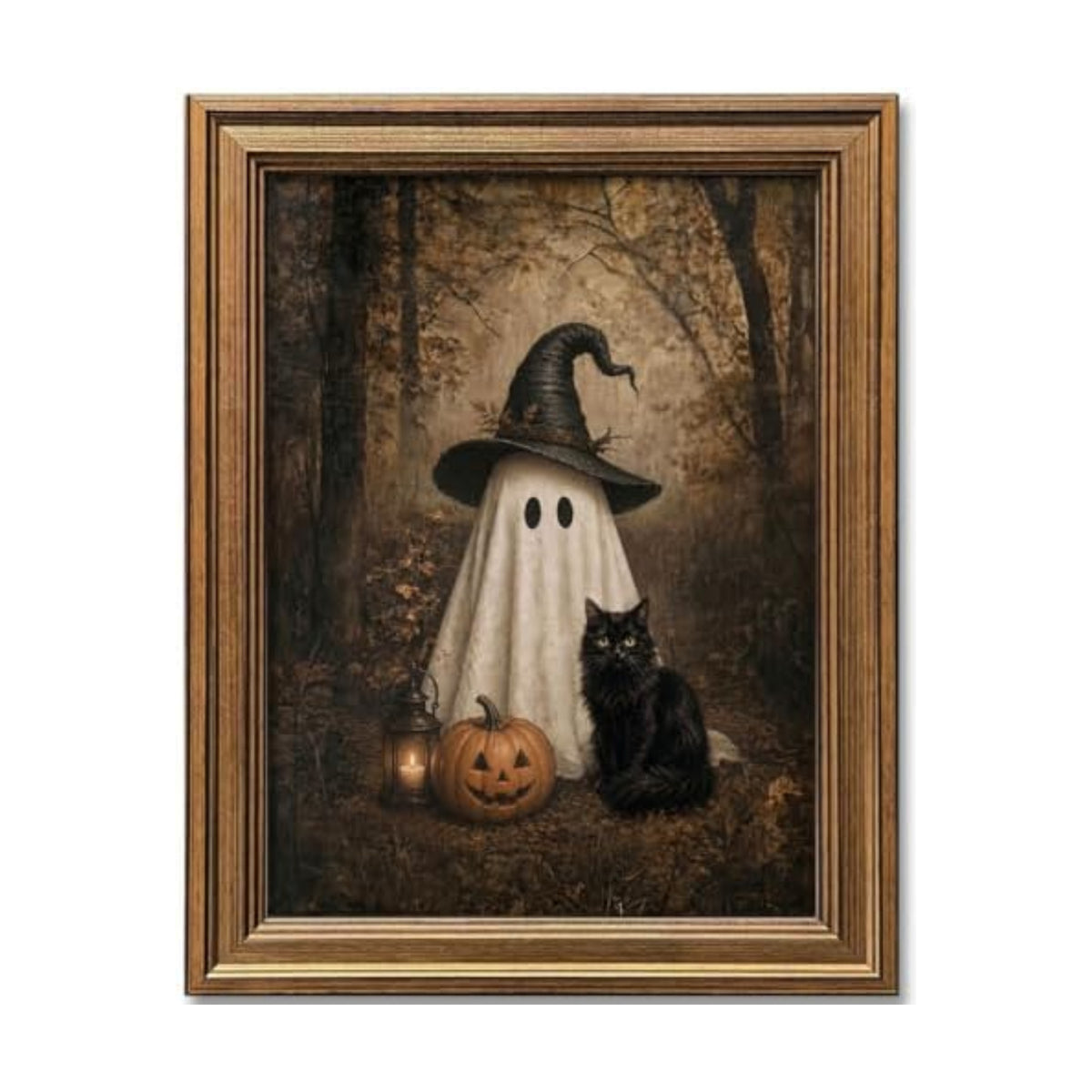 Wemandh Vintage Halloween Wall Art, Gold Framed Cute Ghost and Black Cat Canvas Print, Dark Academia Spooky Room Decor, Witch Hat Pumpkin Fall Picture for Gothic Home Office (9.5'' x 12'')