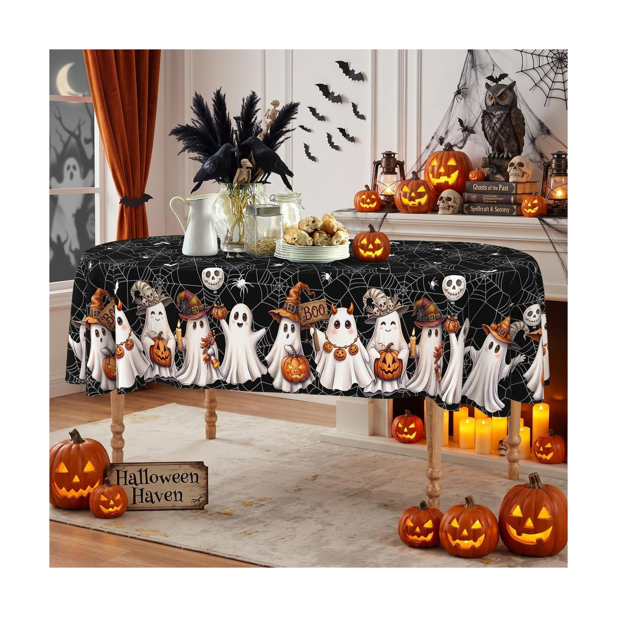 Black Halloween Tablecloth Oval 52x70 Inch, Washable Fabric Spider Web Ghost Table Cloth Oval Halloween Tablecloth Table Cover for Kitchen Dining Party