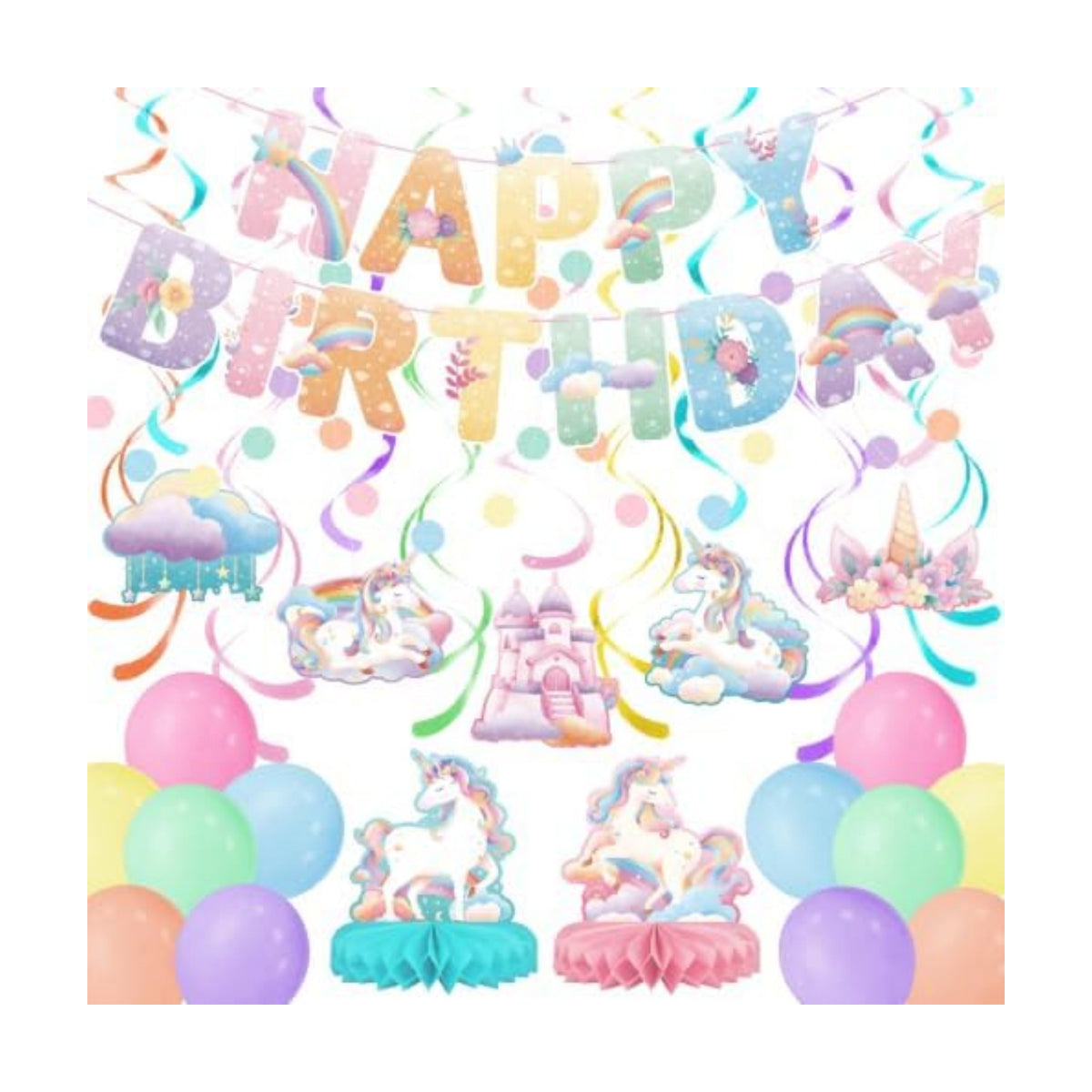 Unicorn Party Decorations Kit, Unicorn Birthday Decorations with Unicorn Birthday Banner, Circle Confetti Garland, Swirl Streamers, Balloons, Honeycomb Centerpiece, Rainbow Birthday Decorations