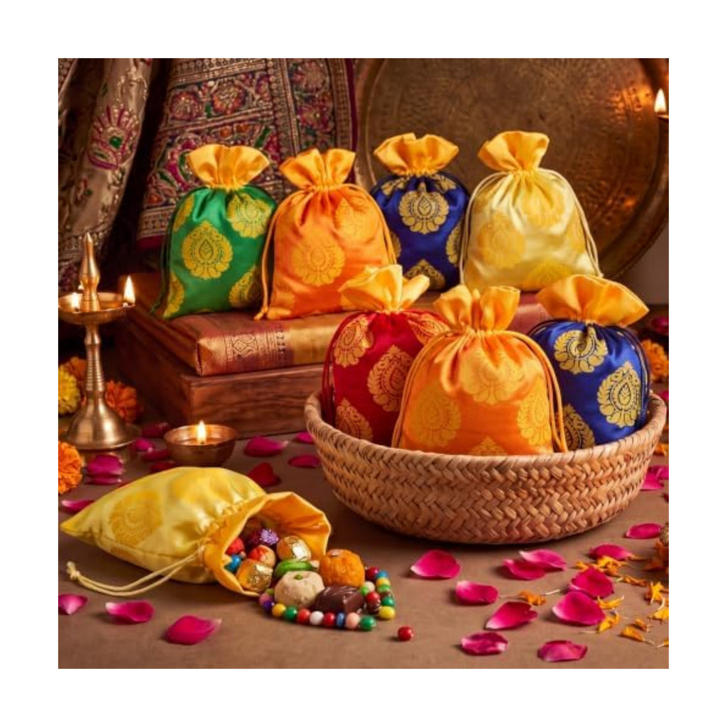 Kacctyen 24 Pcs Indian Return Gift Bags Bulk Traditional Potli Bags for Jewelry 6.7 x 9'' Banyan Leaf Print Fabric Return Gift Pouch with Drawstring for Pooja Diwali Housewarming Wedding Party Favor