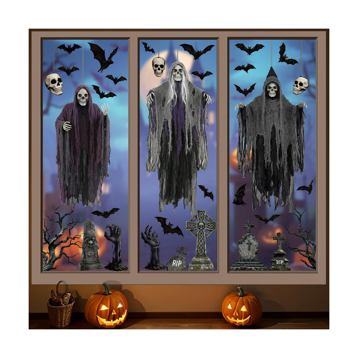54 PCS Large Halloween Decor, Grim Reaper Halloween Window Clings for Home