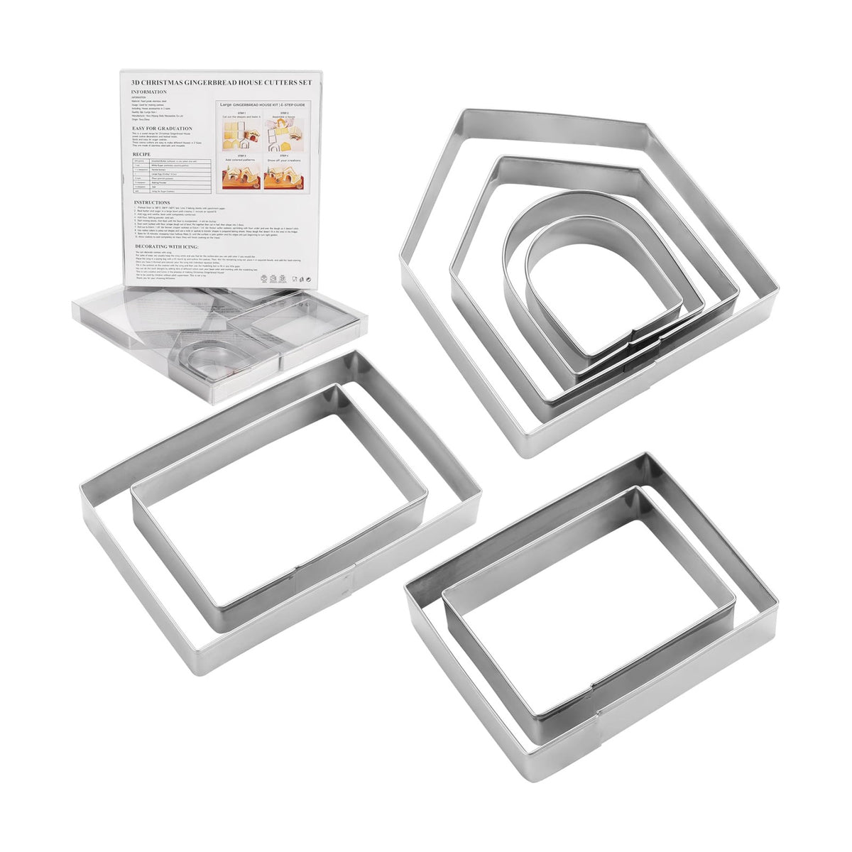 MrCookie Large Gingerbread House Cookie Cutters,8pc Sturdy Stainless Steel.
