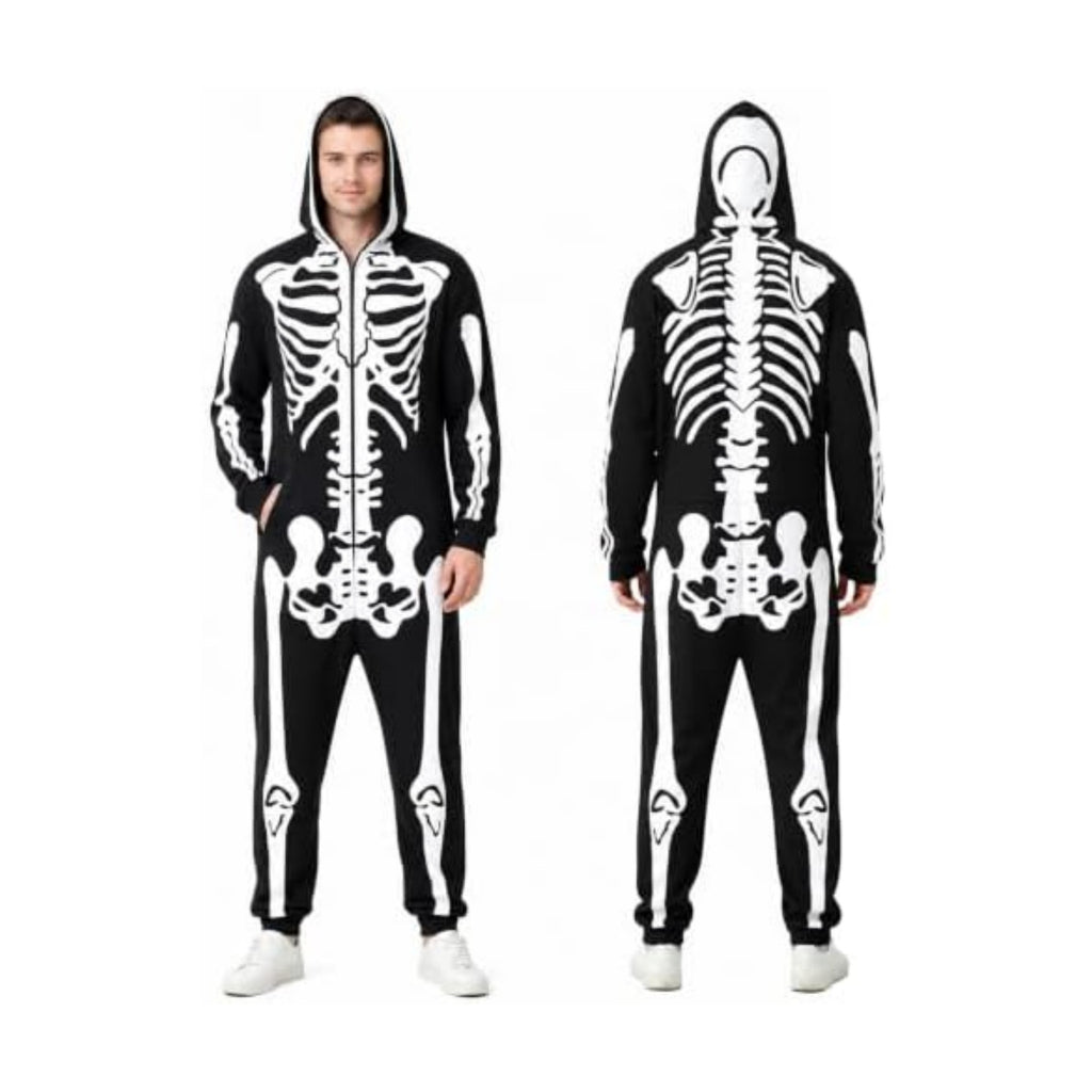 Skeleton Halloween Costume for Men & Women, Double-Sided Zip Hood Jumpsuit