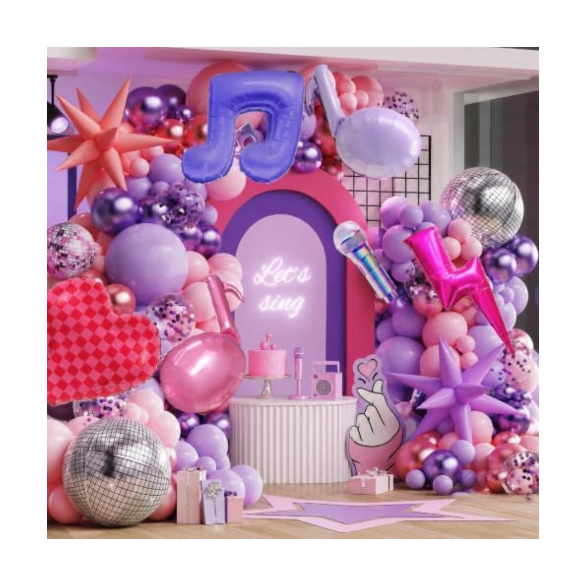 K POP Music Birthday Decorations, 162Pcs Pink Purple Balloon Garland Arch Kit with Music Note, Disco Ball, Checkered Heart, Lightning and Star Foil Balloons for Movie Singer Theme Party