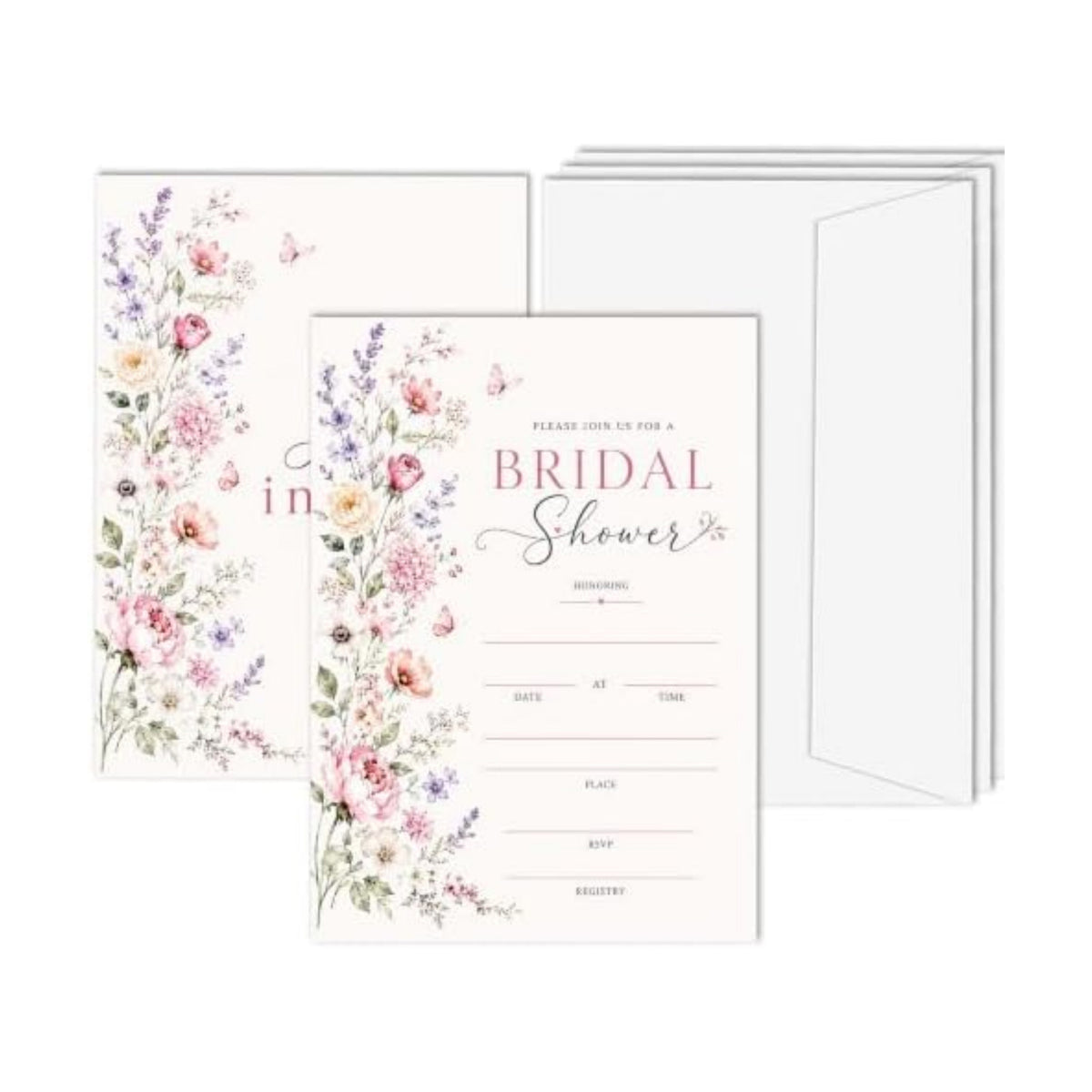 Bridal Shower Invitations, 25 Wildflower Bridal Shower Invites with Envelopes, 5x7 FLoral Wedding Invitation Cards for Bride to Be Engagement Party Supplies - A05