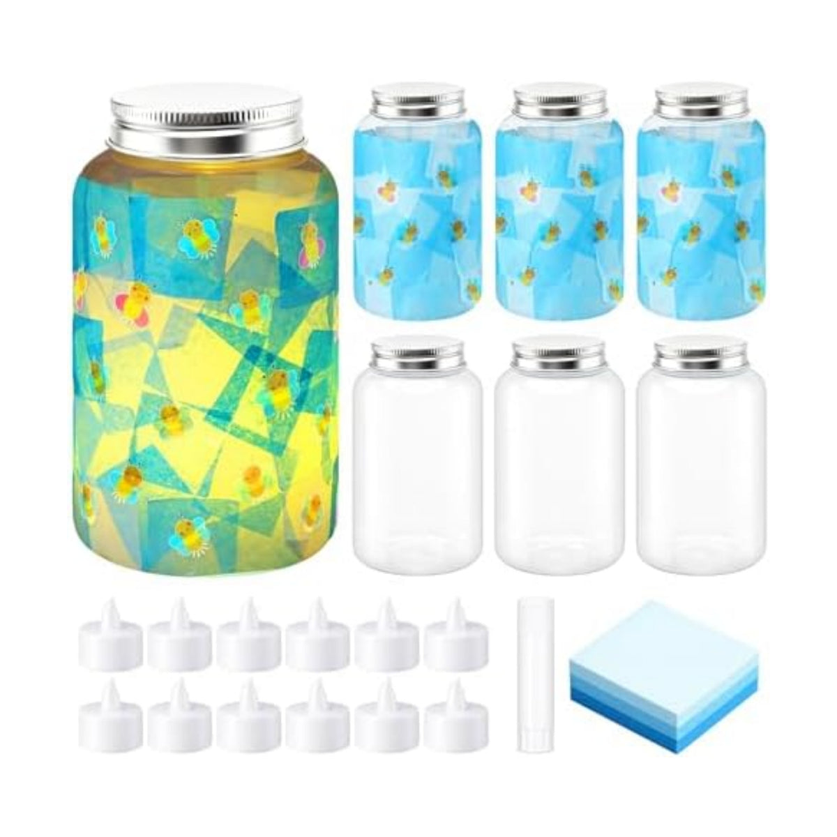 Qinyoung 6 Pcs Firefly Mason Jars Firefly Paper Crafts with LED Candle Light DIY Suncatchers Decoration Make Your Own Camping VBS Mason Jars Supplies for Sunday School Projects Activity