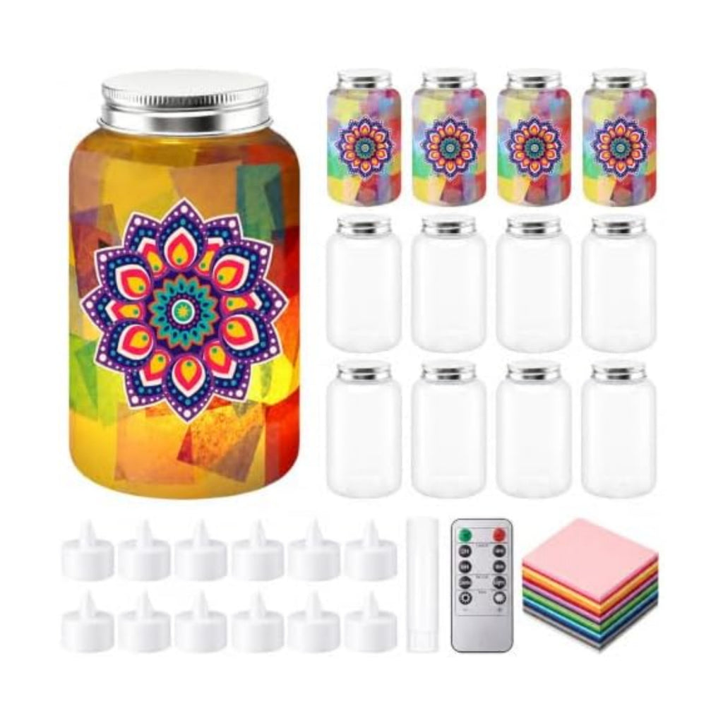 Qinyoung 12 Pcs Mandala Diwali Craft Mason Jars Tissue Paper Craft with LED