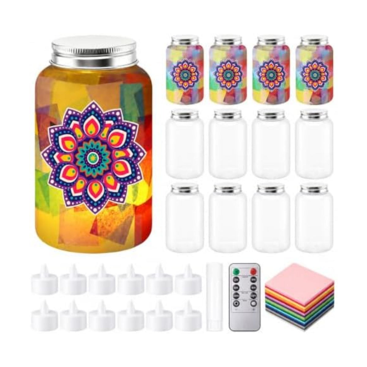 Qinyoung 12 Pcs Mandala Diwali Craft Mason Jars Tissue Paper Craft with LED