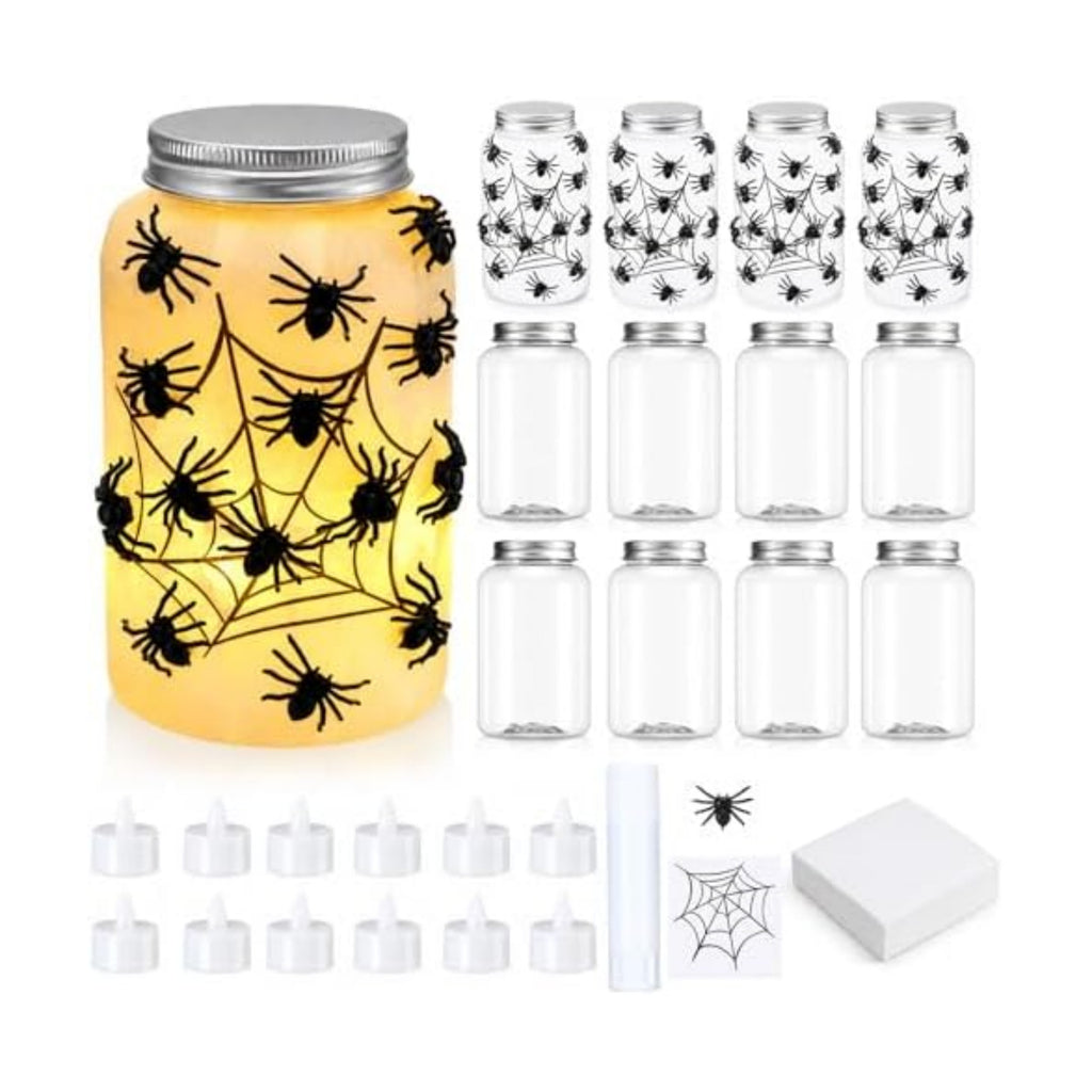 Qinyoung 12 Pcs Halloween Spiderweb Craft Spiders Mason Jars with LED Light