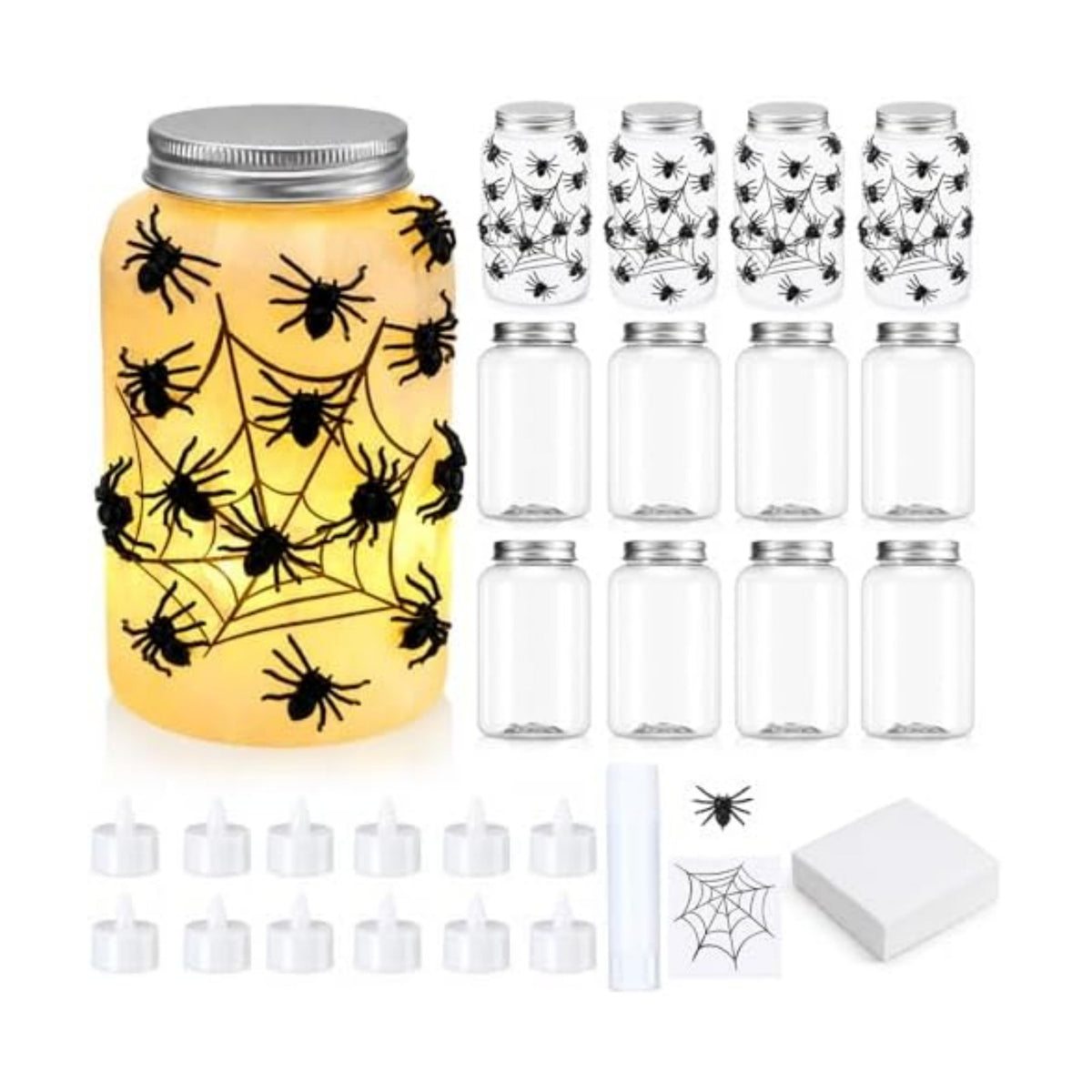 Qinyoung 12 Pcs Halloween Spiderweb Craft Spiders Mason Jars with LED Light