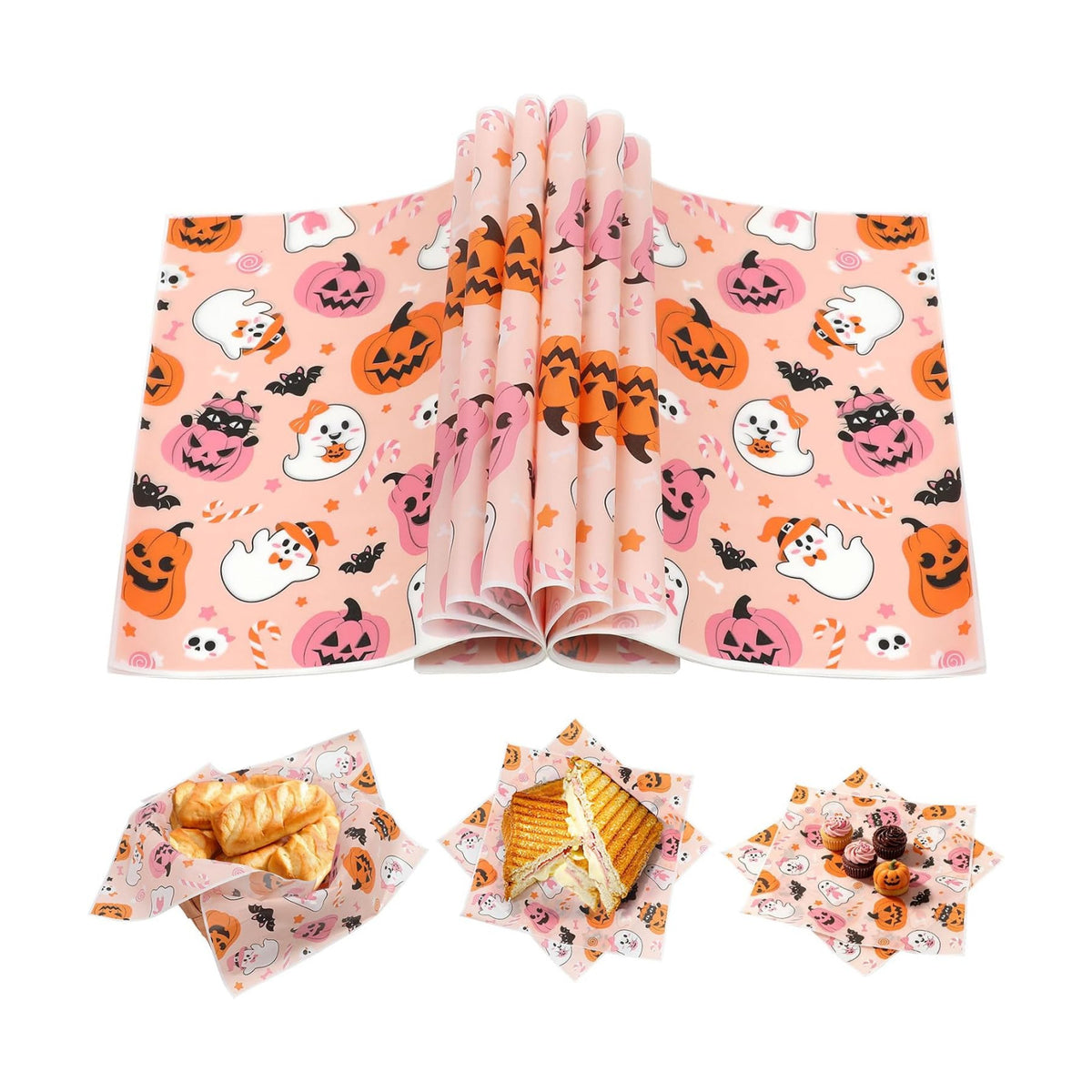 LOAVER 150 Pack Halloween Wax Paper Sheets for Food, Pink Ghost Pumpkin Greaseproof Wrapping Deli Parchment Baking Paper for Sandwich Cookies Picnic Oilproof Basket Liners Halloween Kicthen Supplies