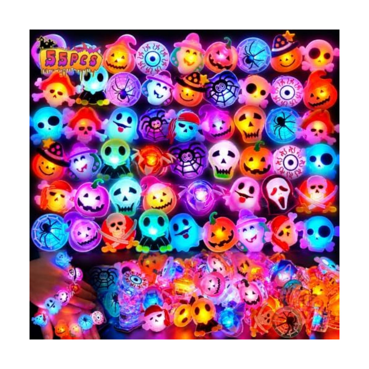 Tiaxidex 55PCS Halloween Treats Light Up LED Rings, Non Candy Halloween Trick or Treats 3D Flashing Rings Toys Glow In the Dark Party Favor Ring Toy Gifts For Kids Adults Goodie Bag Stuffers