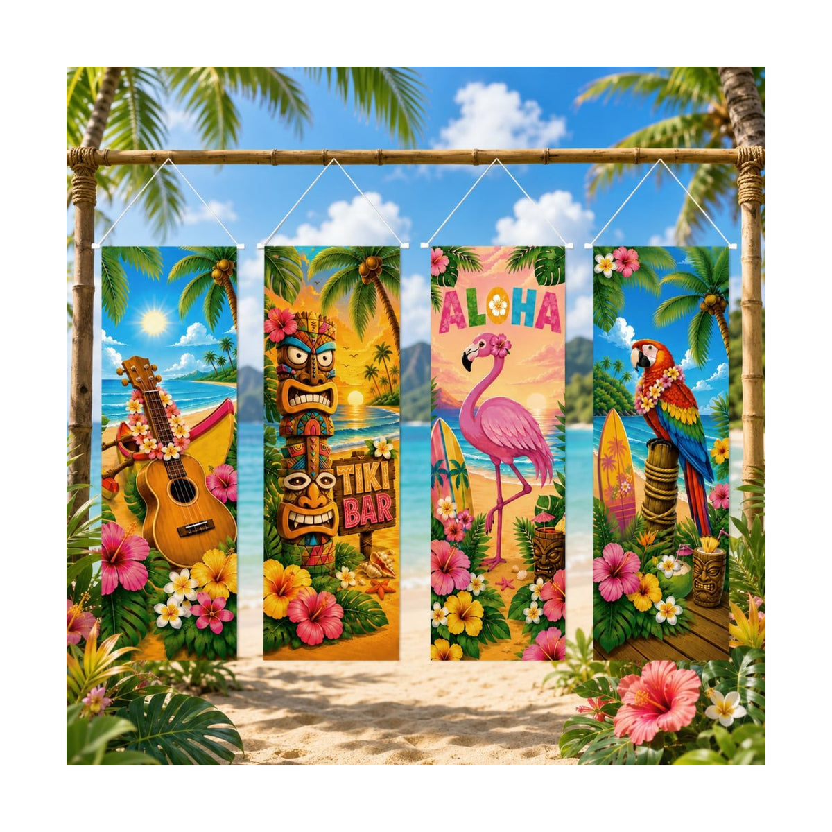 Cinrobiye 4 Pcs Hawaiian Luau Party Porch Sign Decorations, Tropical Aloha Door Banner with Tiki Flamingo Beach Design, Summer Party Hanging Backdrop for Tiki Bar, Birthday, Outdoor Indoor Events