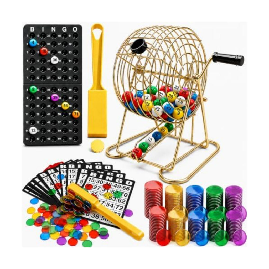 Deluxe Bingo Set with 6-Inch Durable Gold Steel Cage, Magnetic Bingo Wand, 80 Metal-Rimmed Bingo Chips, 75 Calling Balls, 18 Large Cards & Master Board – Premium Bingo Set for Family Nights, Parties