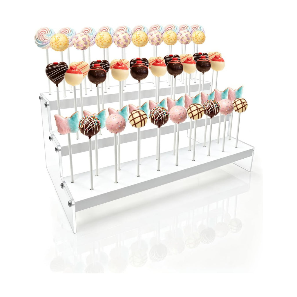 1Pcs Wood & Acrylic Cake Pop Stand Display, 3 Tier White Lollipop Holder with 100 Lollipop Sticks, 57 Holes Popsicle Display Rack for Birthday, Wedding, Baby Shower Party Table Decor