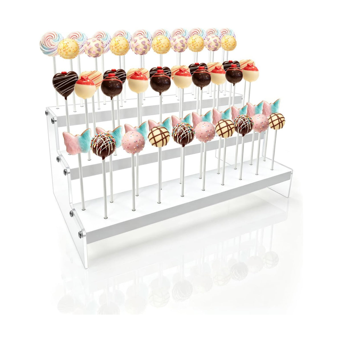 1Pcs Wood & Acrylic Cake Pop Stand Display, 3 Tier White Lollipop Holder with 100 Lollipop Sticks, 57 Holes Popsicle Display Rack for Birthday, Wedding, Baby Shower Party Table Decor