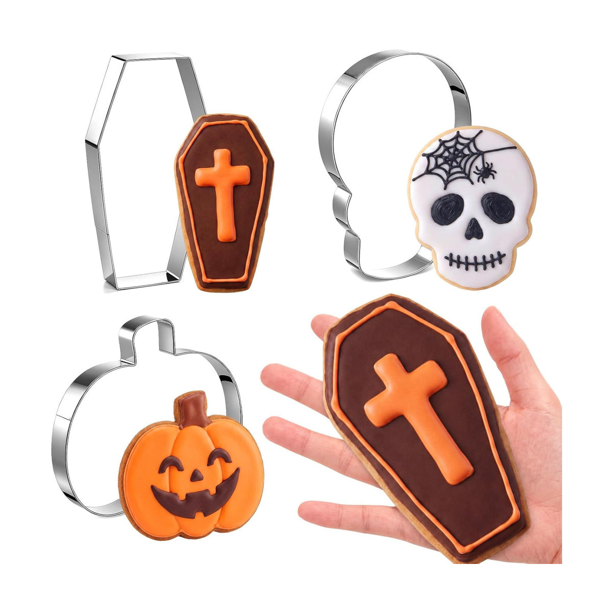 Teenyyou 3 Pcs 7.5 Inch Large Halloween Cookie Cutters Set Extra Large Pumpkin Coffin Skull Shapes Stainless Steel Metal Giant Cookie Cutters Molds for Halloween Day Baking Party Kitchen Accessories
