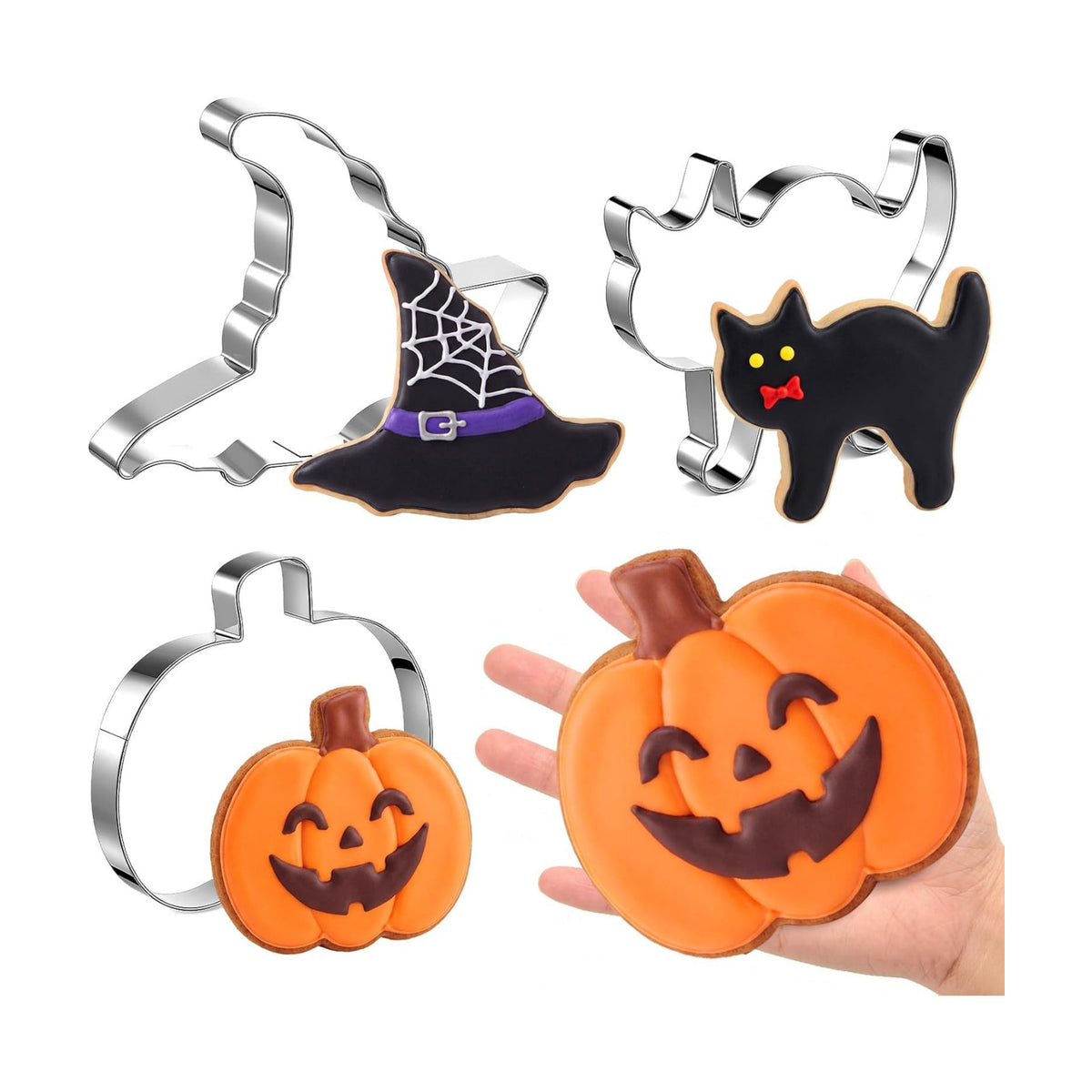 Teenyyou 3 Pcs 7.5 Inch Large Halloween Cookie Cutters Set Extra Large Pumpkin Witch's Hat Cat Shapes Stainless Steel Metal Giant Cookie Cutters Molds for Halloween Day Baking Party Kitchen Accessory