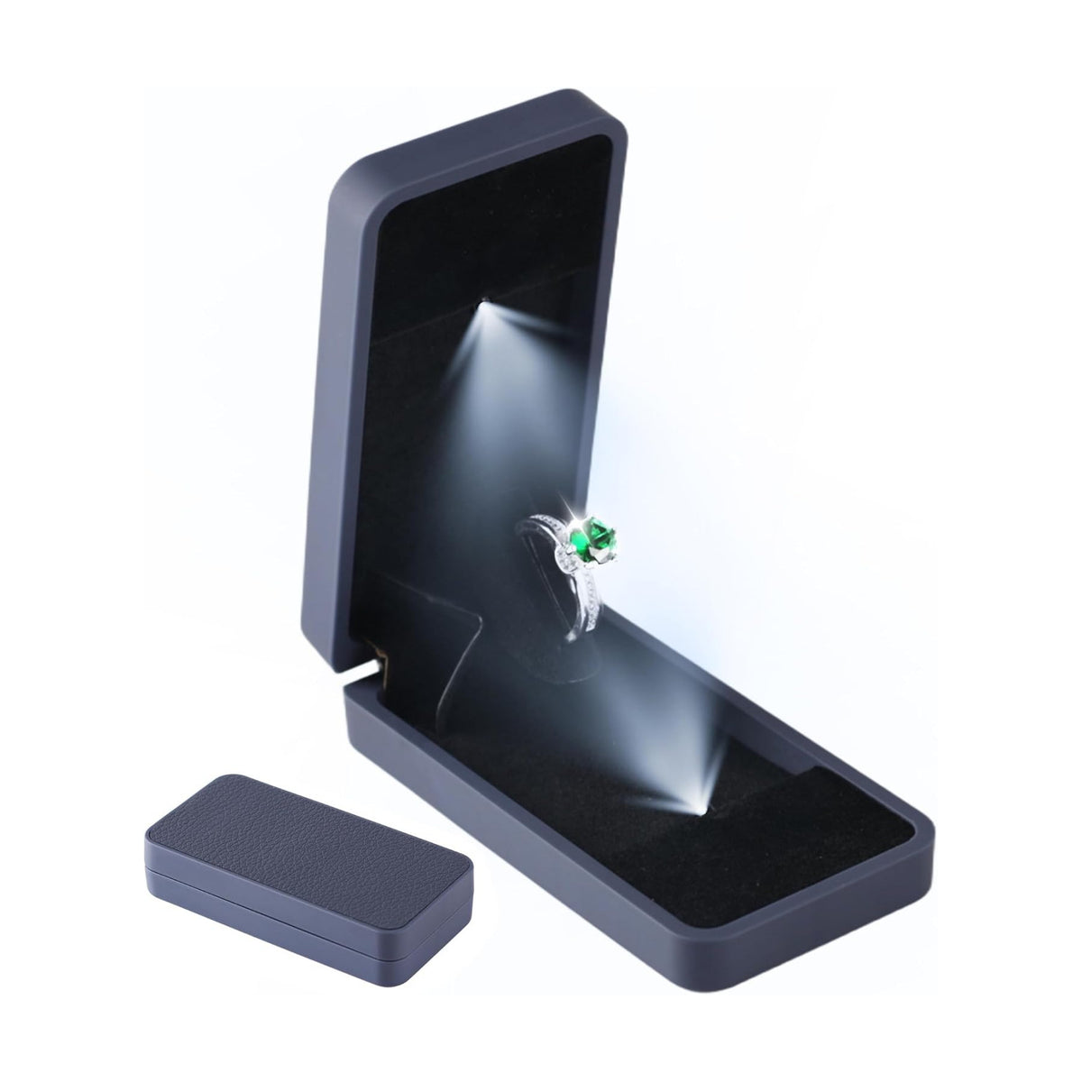 sunking Navy Blue Italian Leather Engagement Ring Box, LED Rotating Proposal Ring Case with Cool White Light, Slim Pocket Size Ring Display Holder for Anniversary, Wedding & Surprise Proposal