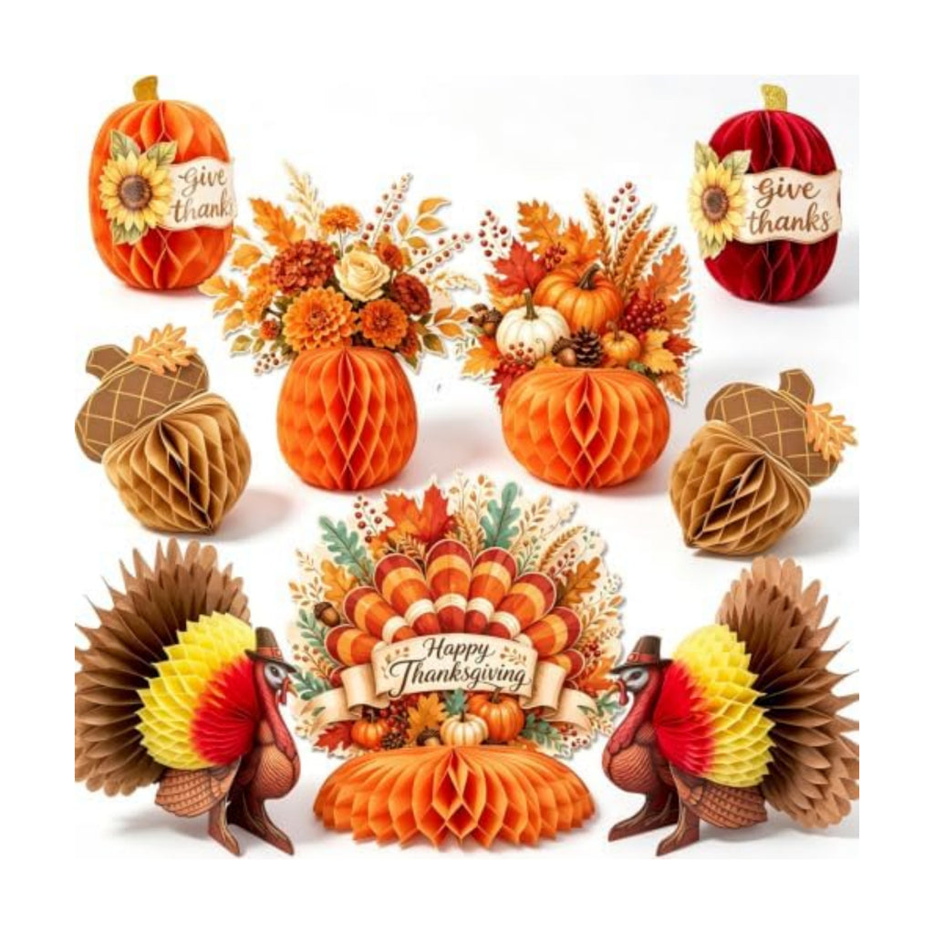 Paper Jazz Thanksgiving Honeycomb Table Decorations, Turkey and Pumpkin Centerpieces, Fall Autumn Theme Decor Set of 9, Indoor Tabletop Centerpiece for Thanksgiving Party Home Dining Table