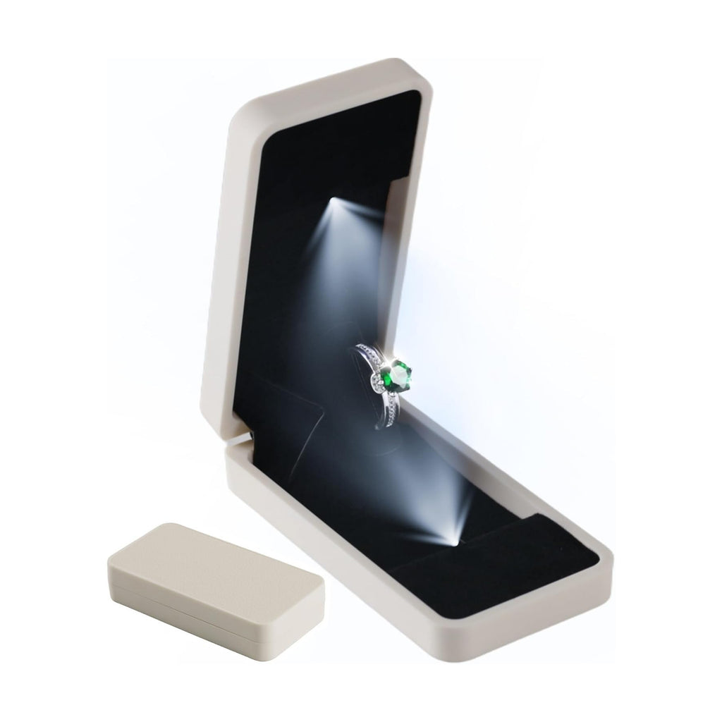 sunking White Italian Leather Rotating Ring Box, Slim Engagement Ring Box with LED Light, Proposal Ring Box for Wedding Engagement