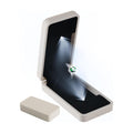 sunking White Italian Leather Rotating Ring Box, Slim Engagement Ring Box with LED Light, Proposal Ring Box for Wedding Engagement