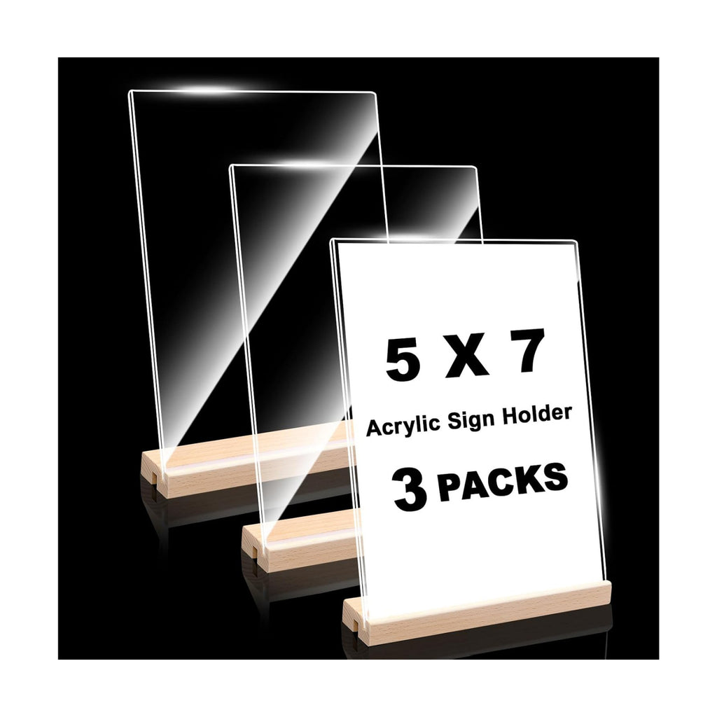Daletu Acrylic Sign Holder 5x7 with Wood Base | 3 Packs Acrylic Tabletop Display Stand, 2 in 1 Vertical or Slant Clear Plastic Sign Frame Holder for Flyer, Menu, Retail, Buffet, Vendor, Wedding, Party